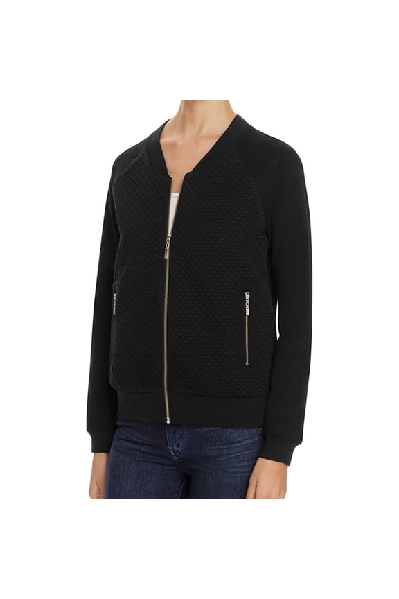 Womens Quilted Knit Bomber Jacket, Black, 10
