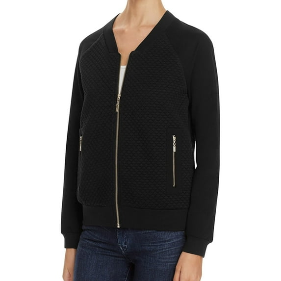 Finity Womens Quilted Knit Bomber Jacket, Black, 10