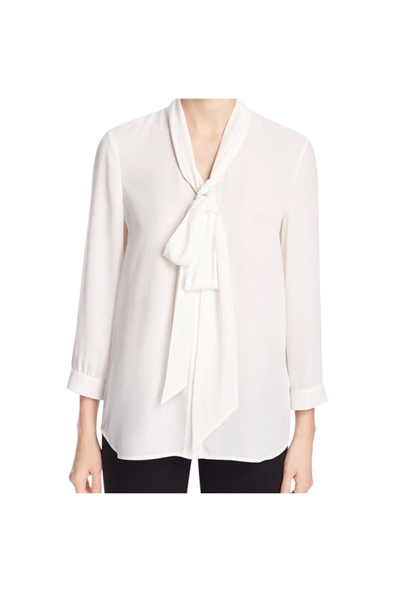 Womens Tie Neck Button Up Shirt, White, 10