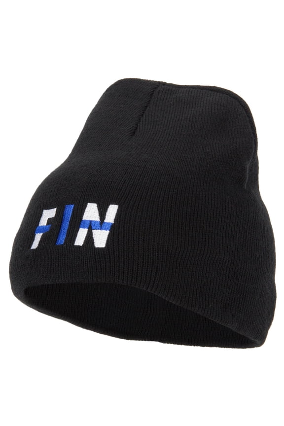 Finland Country Three-Letter FIN Flag Embroidered 8 Inch Knitted Short Beanie - Black OSFM