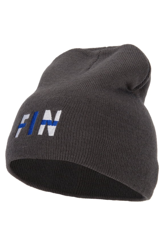 Finland Country Three-Letter FIN Flag Embroidered 8 Inch Knitted Short Beanie - Dk Grey OSFM