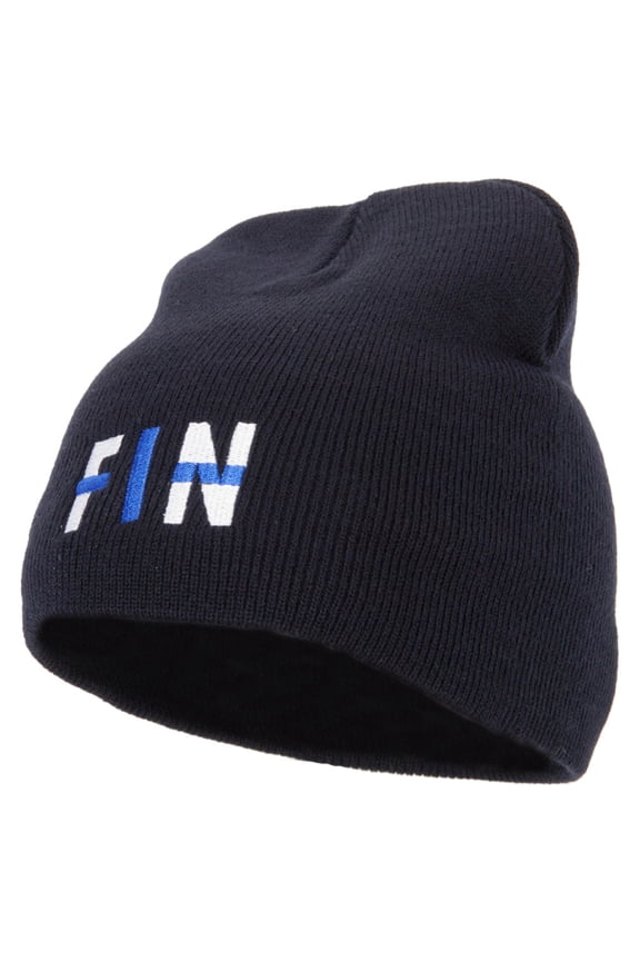 Finland Country Three-Letter FIN Flag Embroidered 8 Inch Knitted Short Beanie - Navy OSFM