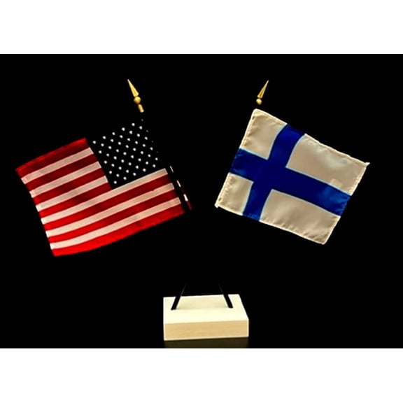 Finland Desk Flag Set; Contains One USA and One Country Flag with a White Crossed Base, American Made
