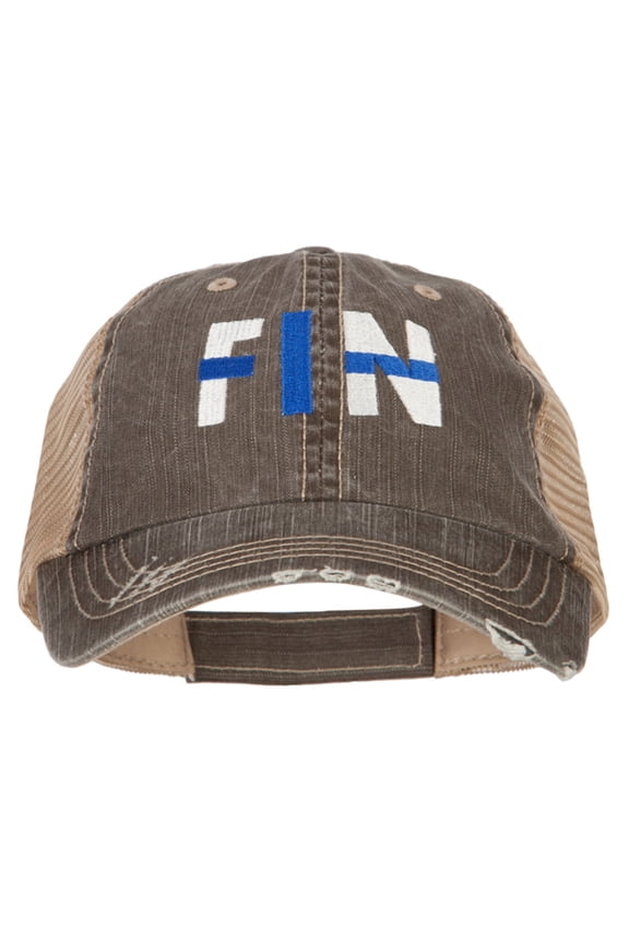 Finland FIN Flag Embroidered Low Profile Cotton Mesh Cap - Brown Khaki OSFM