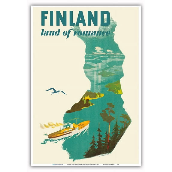 Finland - Land of Romance - Ship Cruising the Fjords - Vintage Travel Poster by Helge Mether-Borgström c.1950 - Master Art Print (Unframed) 13in x 19in