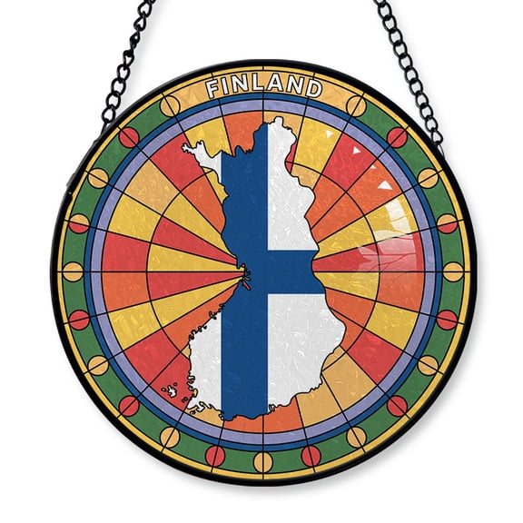 Finland Travel Decor Suncatcher Stained Glass Window Hanging, Gift for Traveller, Collection of Country Travel Souvenirs for Family and Friends, Finland Map and Flag Décor