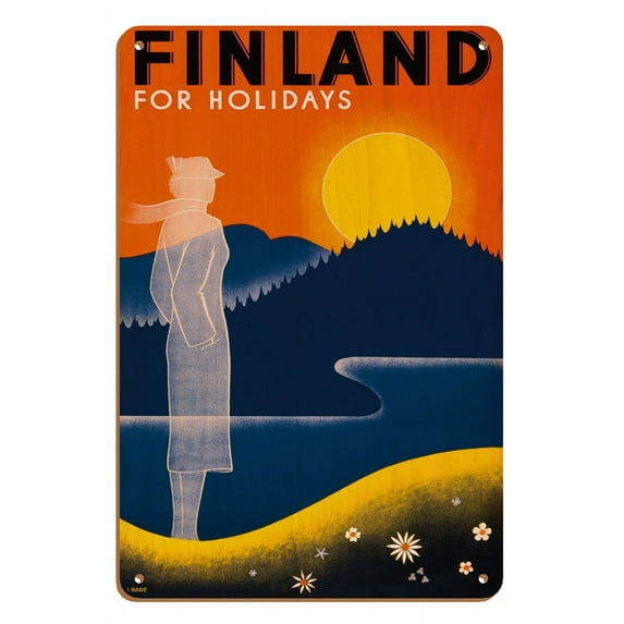 Finland for Holidays - Finnish State Railways - Vintage Railroad Travel Poster by Ingrid Bade c.1936 - 8 x 12 inch Vintage Wood Art Sign