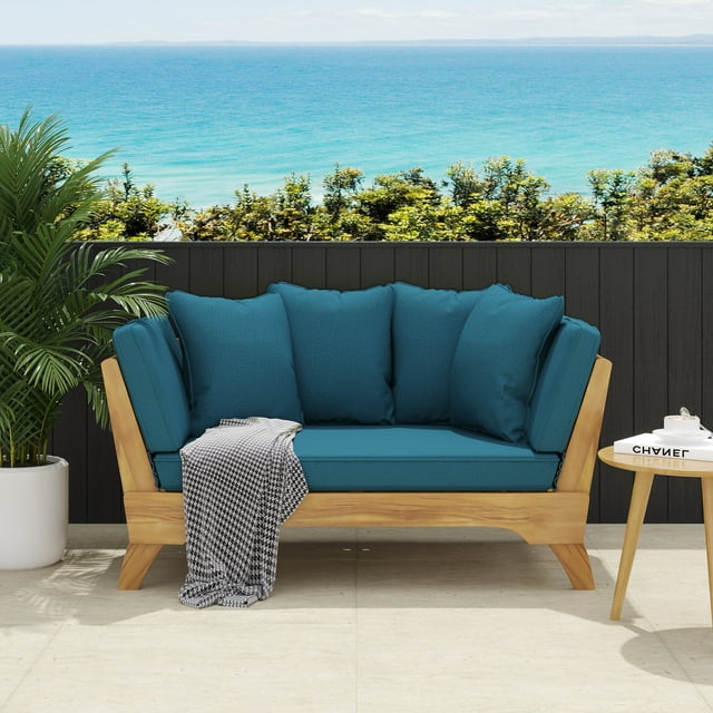 Finleigh Acacia Wood Outdoor Expandable Daybed with Cushions, Teak, Dark Teal, and Khaki