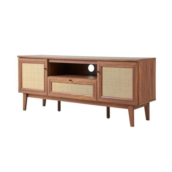 Finley 59 in. Farmhouse Caned TV Stand with Drawer and Storage Doors Fits TVs up to 65 in. with Cable Management, Walnut