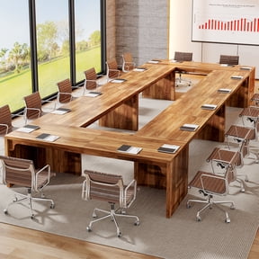 Finmind 13FT Modular Conference Table, Rectangular Business Meeting Seminar Table, Medium Walnut Brown