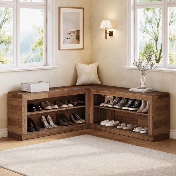 Finmind 2-Piece L-Shaped Corner Shoe Bench, Modular Wooden Nook Bench with Storage Shelves