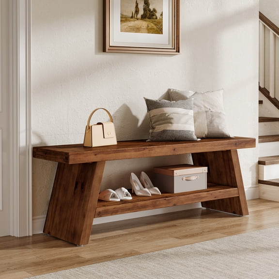 Finmind 2-Tier Entryway Bench with Open Shelves, Hallway Foyer Solid Wood Seating Bench, Wooden Shoe Bench Indoor for Entryway, Living Room, Bedroom ,Rustic Brown