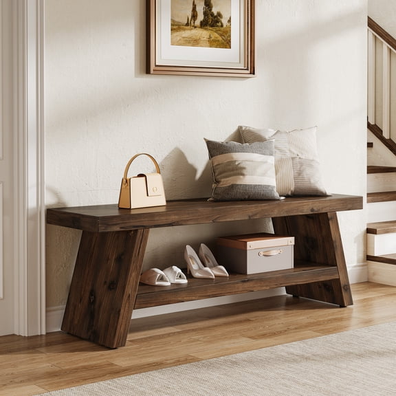 Finmind 2-Tier Entryway Bench with Open Shelves,  Solid Wood Seating Bench,  Wooden Shoe Bench Indoor for Entryway, Vintage Brown