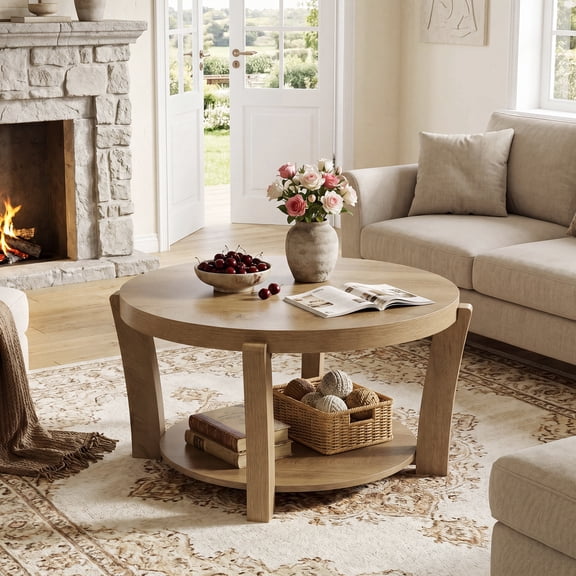 Finmind 2-Tier Round Coffee Table, Farmhouse Center Table with Open Storage Shelf, Wooden Circle Living Room Tables with 31.5" Tabletop, Light Brown