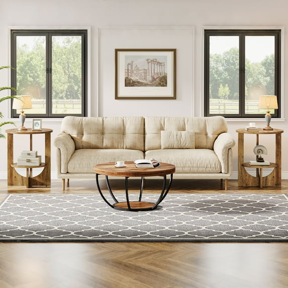 Finmind 2-Tier Round End Table with Storage, Narrow Side Table for Living Room, Brown (Set of 2)