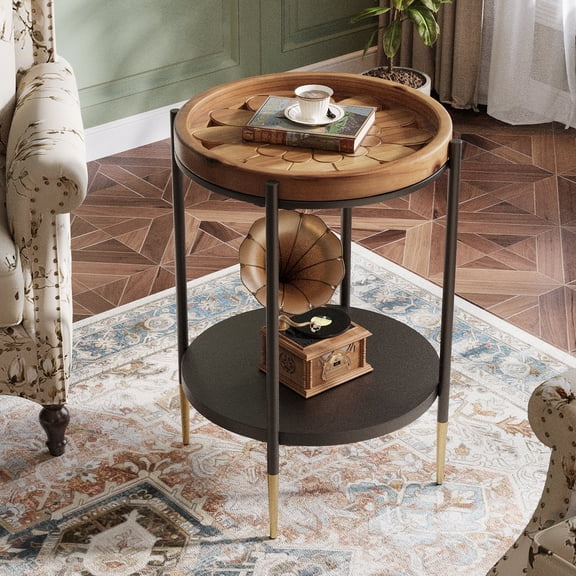 Finmind 2-Tier Round Side Table, 15.8 Inch End Table with Solid Wood and Metal, Industrial Nightstand for Small Spaces, Living Room, Bedroom, Rustic Brown