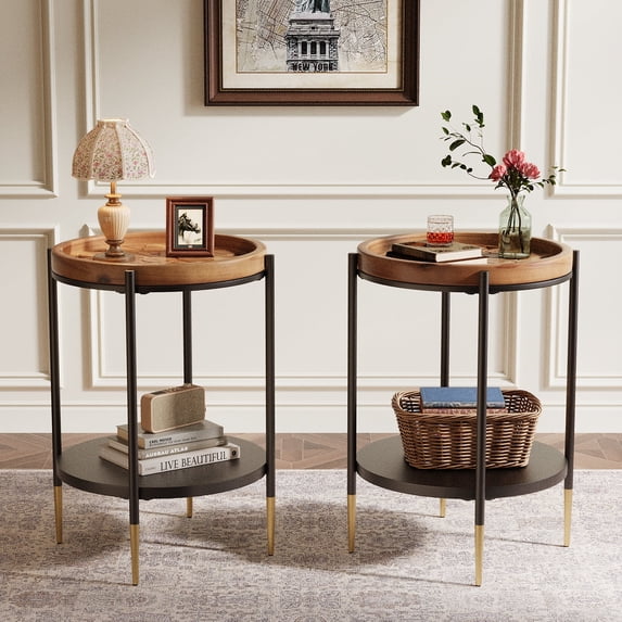 Finmind 2-Tier Round Side Table Set of 2, 15.8 Inch End Table with Solid Wood and Metal, Industrial Nightstand for Small Spaces, Living Room, Bedroom, Rustic Brown