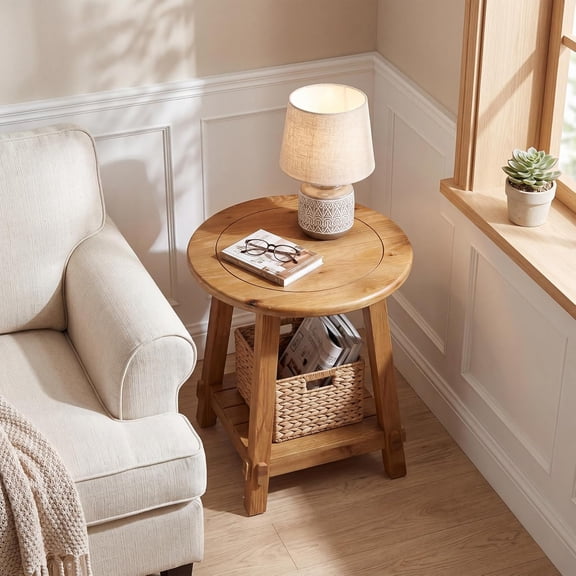 Finmind 2-Tier Round Side Table, Small Solid Wood End Table, Living Room, Natural