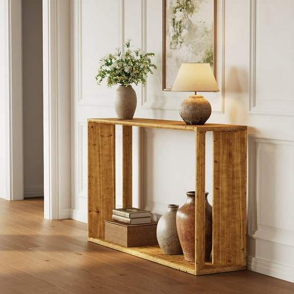 Finmind 2-Tier Solid Wood Console Table, 55 Inch Farmhouse Entryway Table Indoor for Foyer, Hallway, Brown