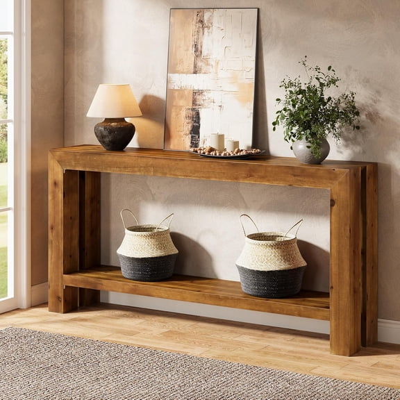 Finmind 2-Tier Solid Wood Entryway Console Table, 63 inch Farmhouse Sofa Console Table Behind The Couch for Entrance, Living Room, Hallway, Brown