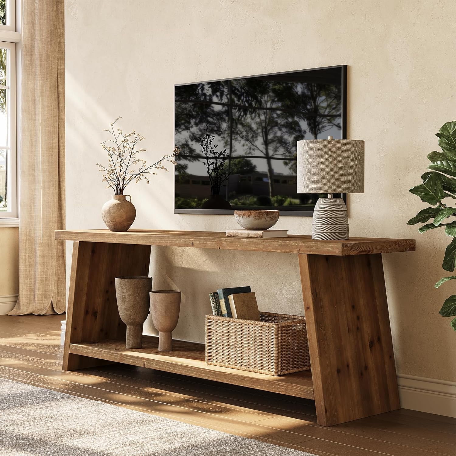 Finmind 2-Tier Solid Wood TV Stand, 63 inch Farmhouse Media Console for 55/60/65 inch TV, Entertainment Center with Storage  for Lving Room, Bedroom