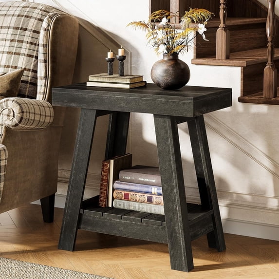 Finmind 2-Tier Wooden End Table, Farmhouse Slim Side Table with Storage for Living Room or Bedroom, Rustic Grey