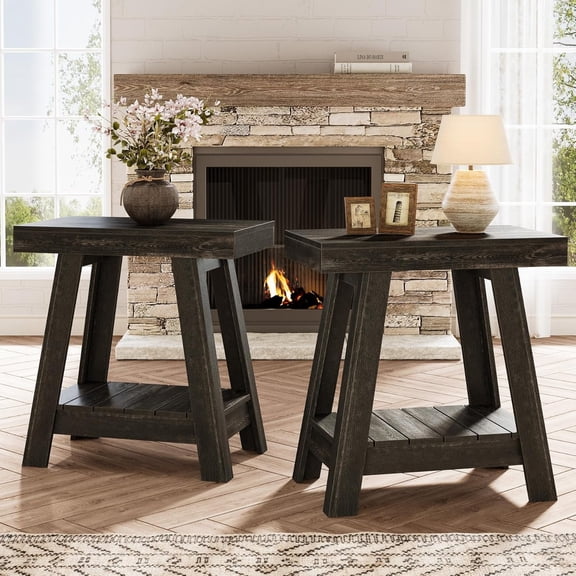 Finmind 2-Tier Wooden End Table Set of 2, Farmhouse Slim Side Table with Storage for Living Room or Bedroom, Rustic Grey