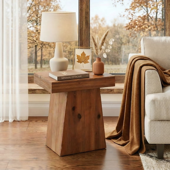 Finmind Solid End Table, 23.6" Wood Side Table with Trapezoid Base for Small Spaces, Living Room, Easy Assembly, Walnut
