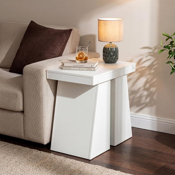 Finmind 24" Modern Side Table, Wooden End Table with Trapezoid Base, Farmhouse Nightstand, White