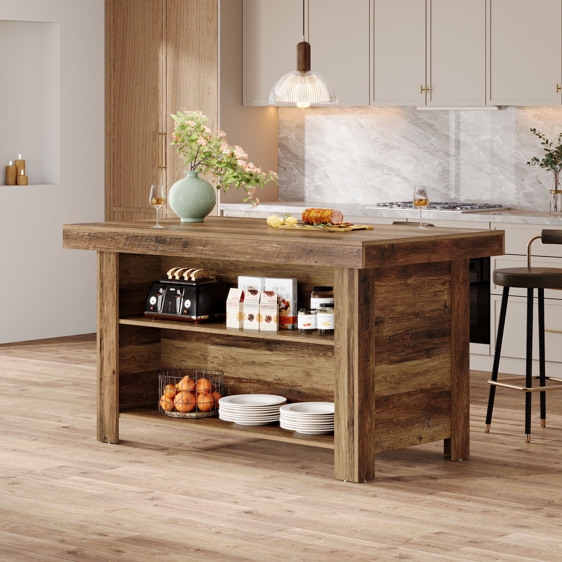 Finmind 3-Tier Farmhouse  Kitchen Island with Storage Shelf, 55-Inch Wooden Stationary Island Table with Large Worktop for Kitchen, Rustic Brown