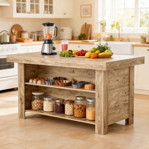 Finmind 3-Tier Farmhouse Kitchen Island with Storage Shelf, 55 Inches Wooden Stationary Island Table with Large Worktop for Kitchen, Oak