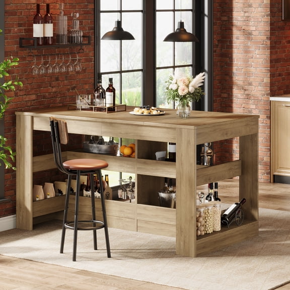 Finmind 3-Tier Kitchen Island with Storage, 63 inch Farmhouse Wooden Stationary Island Table with Large Worktop & Leg Room, Table with Storage Shelves for Kitchen, Rustic Brown
