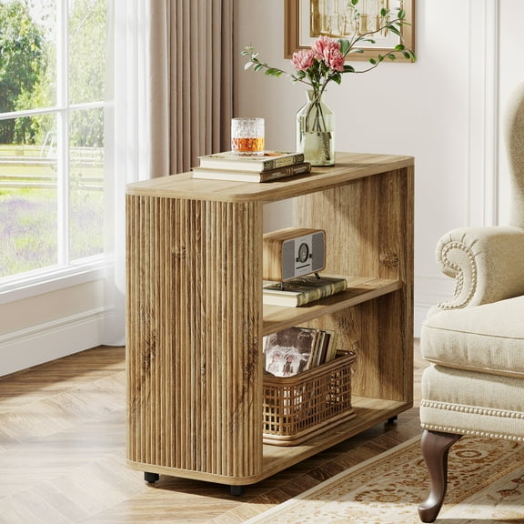 Finmind 3-Tier Narrow End Table,Small Fluted Modern Side Table Nightstand for Bedroom