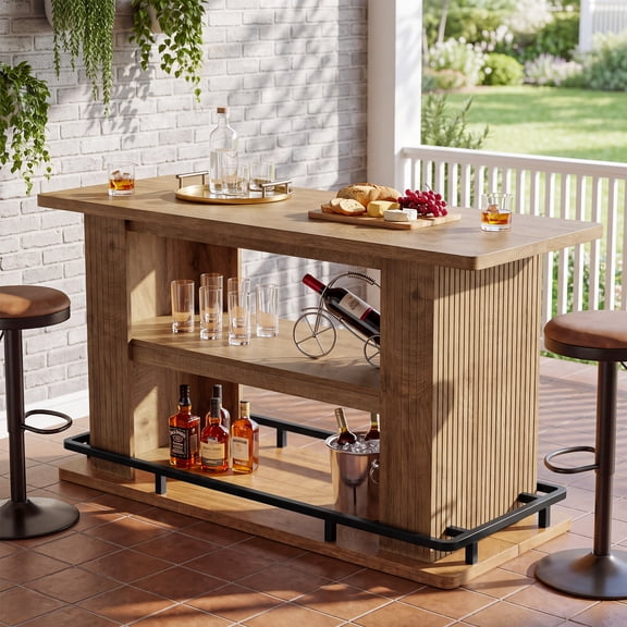 Finmind 3-Tier Rectangular Bar Table, 63 inch Counter Height Pub Table with Footrest for Home, Rustic Brown & Black