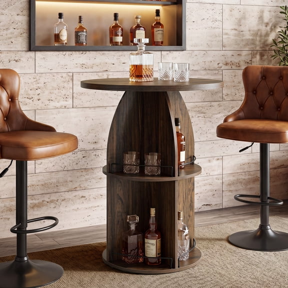 Finmind 3-Tier Round Bar Table, 37.4" H Counter Height Pub Table for Home Bar, Kitchen, Bistro, Small Space, Brown