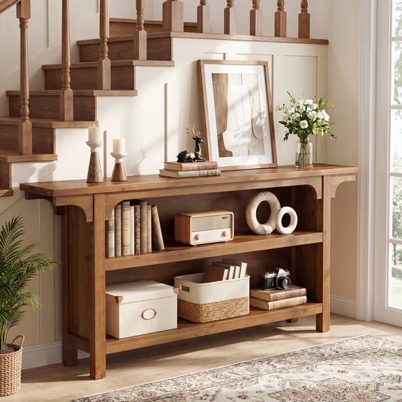 Finmind 3-Tier Solid Wood Console Table, 63-Inch Narrow Sofa Table Behind The Couch, Entryway Furniture with Storage Shelves for Hallway, Living Room, Foyer, Rustic Brown