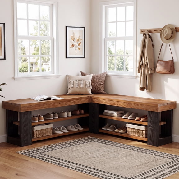 Finmind 3-Tier Solid Wood Corner Bench, 47.3 inch Farmhouse L Shaped Bench for Entryway, Brown and Black