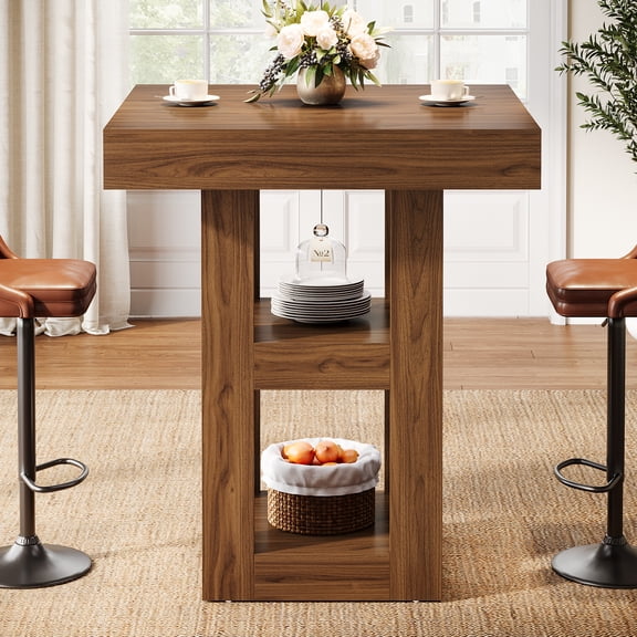 Finmind  3-Tier Square Bar Table for 2-4, 31.5-inch Wooden Pub Table with Storage Shelves for Pub, Kitchen, Living Room,Small Space, Walnut