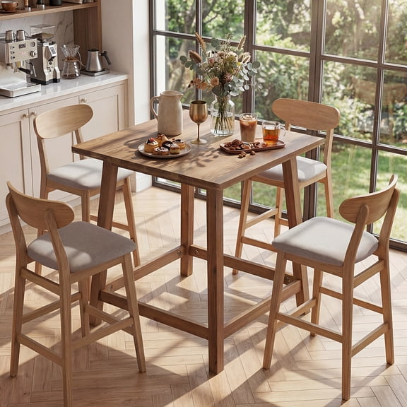 Finmind 31.49-inch Solid Wood Square Bar Table, Farmhouse Counter Height Pub Table for Kitchen, Living Room, Bistro, Rustic Brown