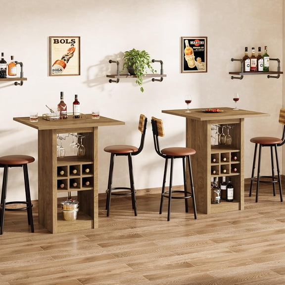 Finmind 31.5-Inch Square Bar Table, 4-Tier Wood Counter Height Home Bar Unit with Glass Holders