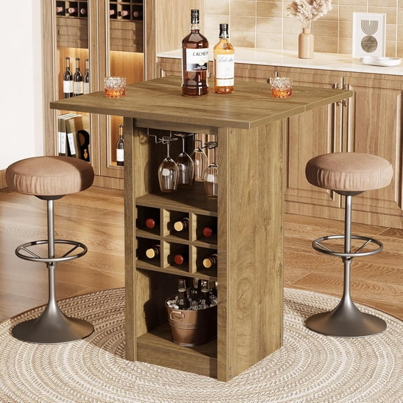 Finmind 31.5-Inch Square Bar Table, 4-Tier Wood Counter Height Home Bar Unit with Glass Holders