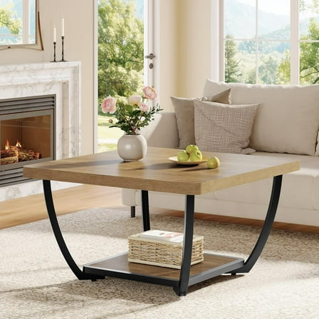 Finmind 31.5"-Inch Square Coffee Table, Farmhouse Accent Center Cocktail Table with Arc Metal Frame