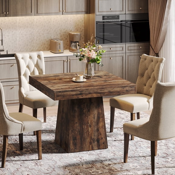 Finmind Square Dining Table for 4, 31.5-inch Farmhouse Kitchen Table with Sturdy Pedestal Base, Wood Dinner Table for Living Room, Vintage Brown