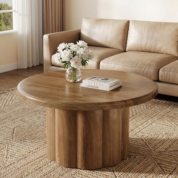 Finmind 31.5" Round Coffee Table, Farmhouse Center Table with Fluted Drum Base, Brown