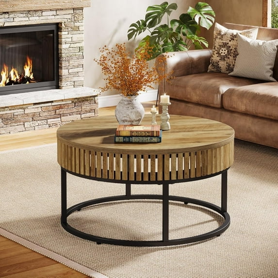 Finmind 31.5" Round Coffee Table, Farmhouse Circle Cocktail Center Table for Living Room, Light Brown