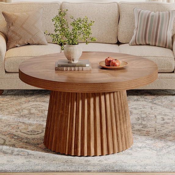 Finmind 31.5" Round Coffee Table, Small Farmhouse Center Table with Fluted Drum Base, Mid-Century Modern Accent Table for Living Room & Small Spaces, Walnut