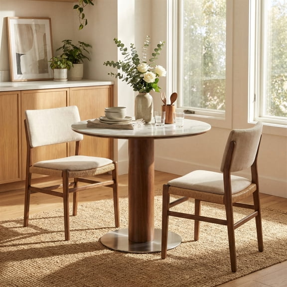 Finmind 31.5" Round Dining Table for 2-4, Modern Circle Kitchen Table with Stainless Steel Base, Sintered Stone Top, for Dining Room, White & Walnut