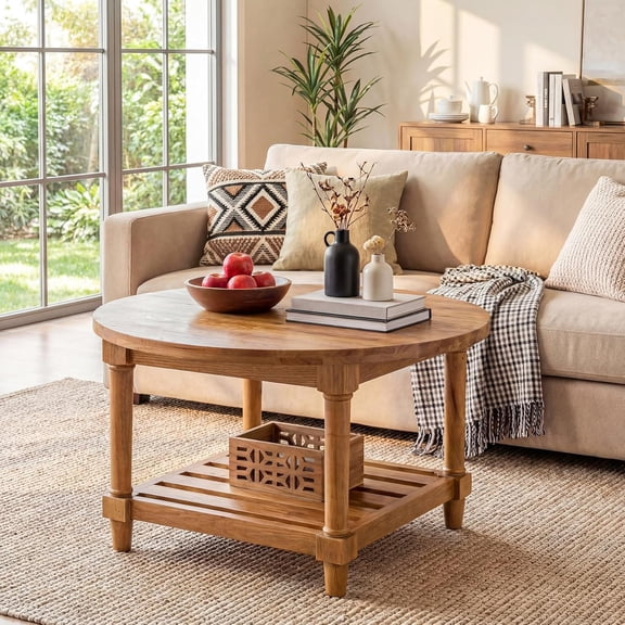 Finmind 31.5" Round Solid Wood Coffee Table, 2-Tier Farmhouse Center Table with Storage Shelf for Living Room, Small Spaces, Apartment, Rustic Brown