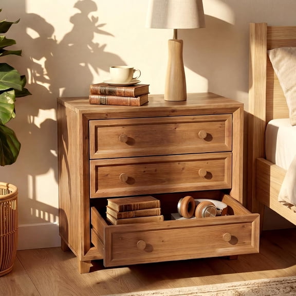 Finmind 31.5" Solid Wood Nightstand with 3 Drawers, Mid-Century Modern Bedside Table with Round Knobs & Low Legs for Bedroom, Easy Assembly