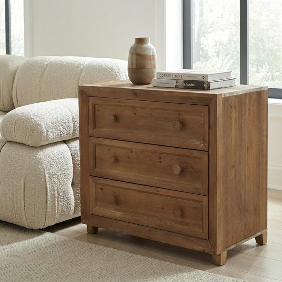 Finmind 31.5" Solid Wood Nightstand with 3 Drawers, Mid-Century Modern Bedside Table with Round Knobs & Low Legs for Bedroom, Easy Assembly